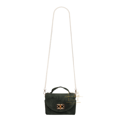 Genuine Suede Mini Top Handle Bag with Bamboo Twist Lock & Chain Strap