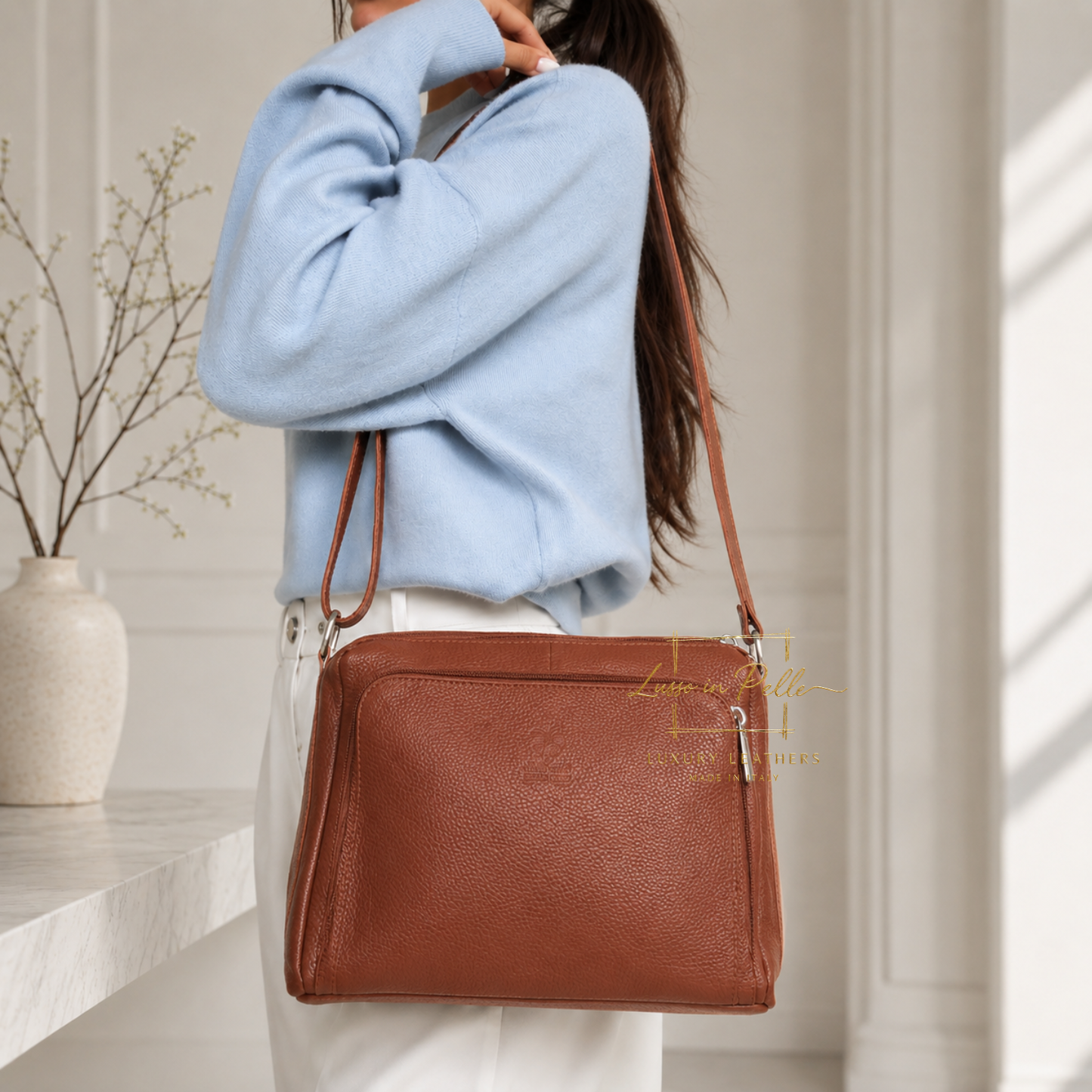 Italian Genuine Leather Multi Compartment Crossbody Bag with Front Zip Pocket