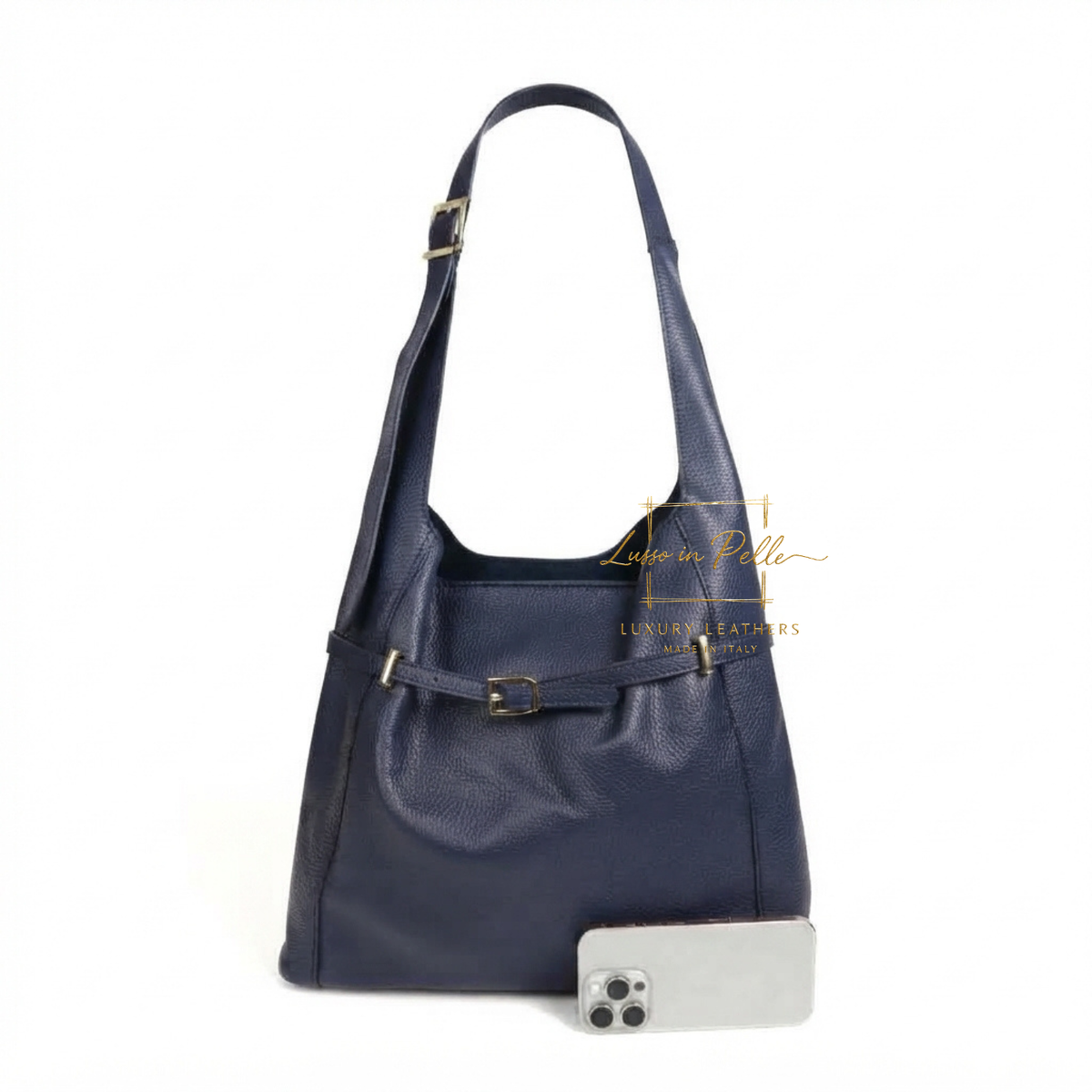 Elegant Genuine Leather Hobo Shoulder Bag with Front Buckle Detail