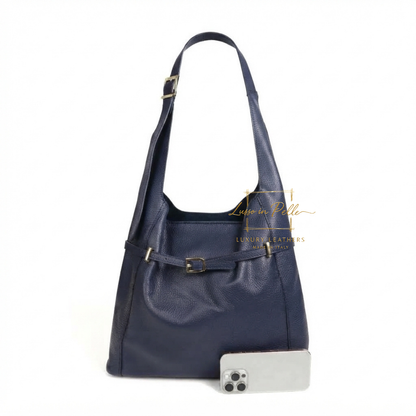 Elegant Genuine Leather Hobo Shoulder Bag with Front Buckle Detail