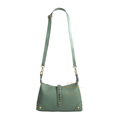 Genuine Leather Shoulder Bag with Stud Detail & Adjustable Detachable Strap