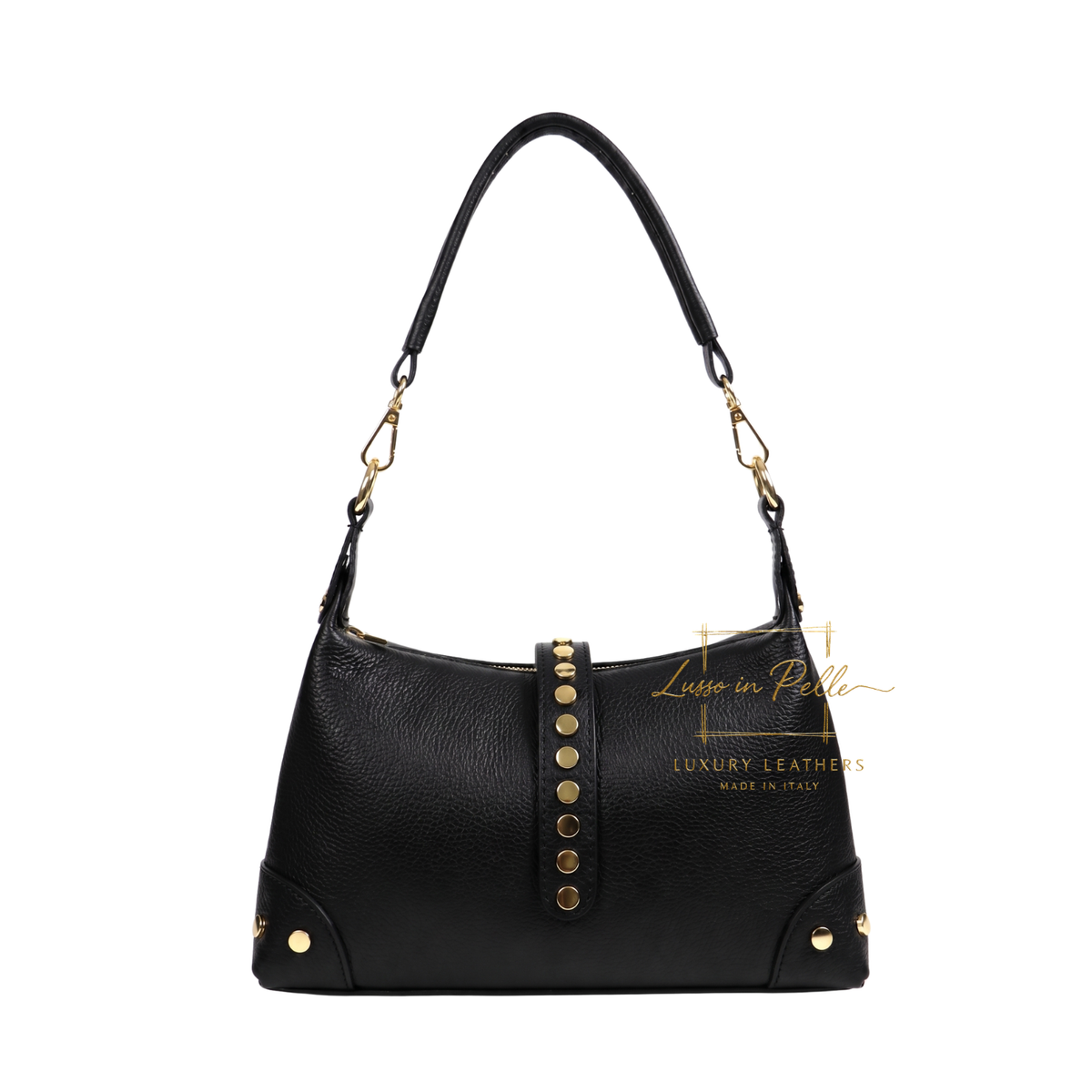 Genuine Leather Shoulder Bag with Stud Detail & Adjustable Detachable Strap