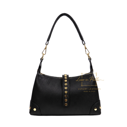 Genuine Leather Shoulder Bag with Stud Detail & Adjustable Detachable Strap