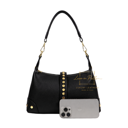 Genuine Leather Shoulder Bag with Stud Detail & Adjustable Detachable Strap