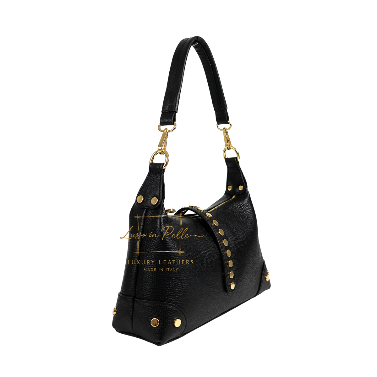 Genuine Leather Shoulder Bag with Stud Detail & Adjustable Detachable Strap