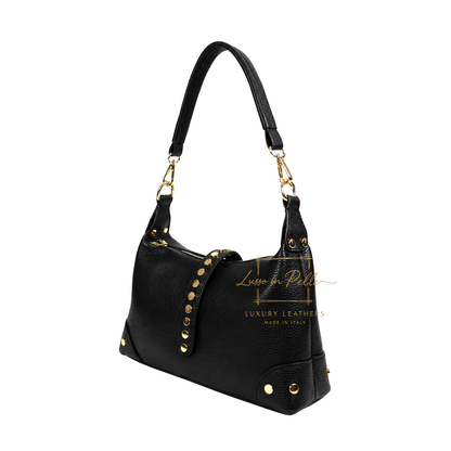 Genuine Leather Shoulder Bag with Stud Detail & Adjustable Detachable Strap
