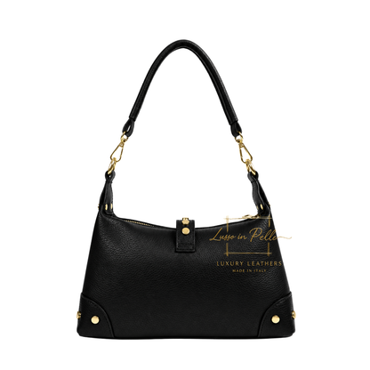 Genuine Leather Shoulder Bag with Stud Detail & Adjustable Detachable Strap