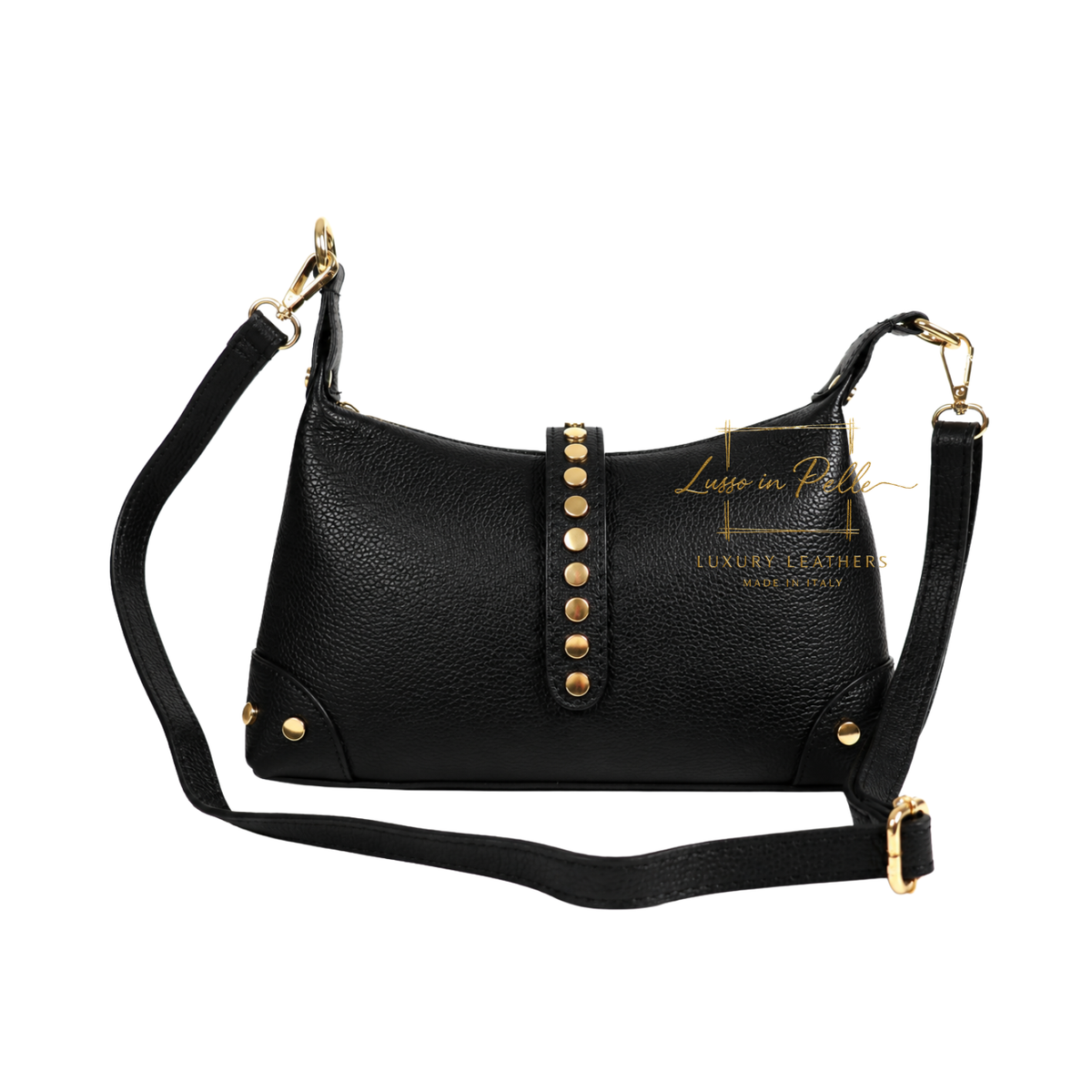Genuine Leather Shoulder Bag with Stud Detail & Adjustable Detachable Strap