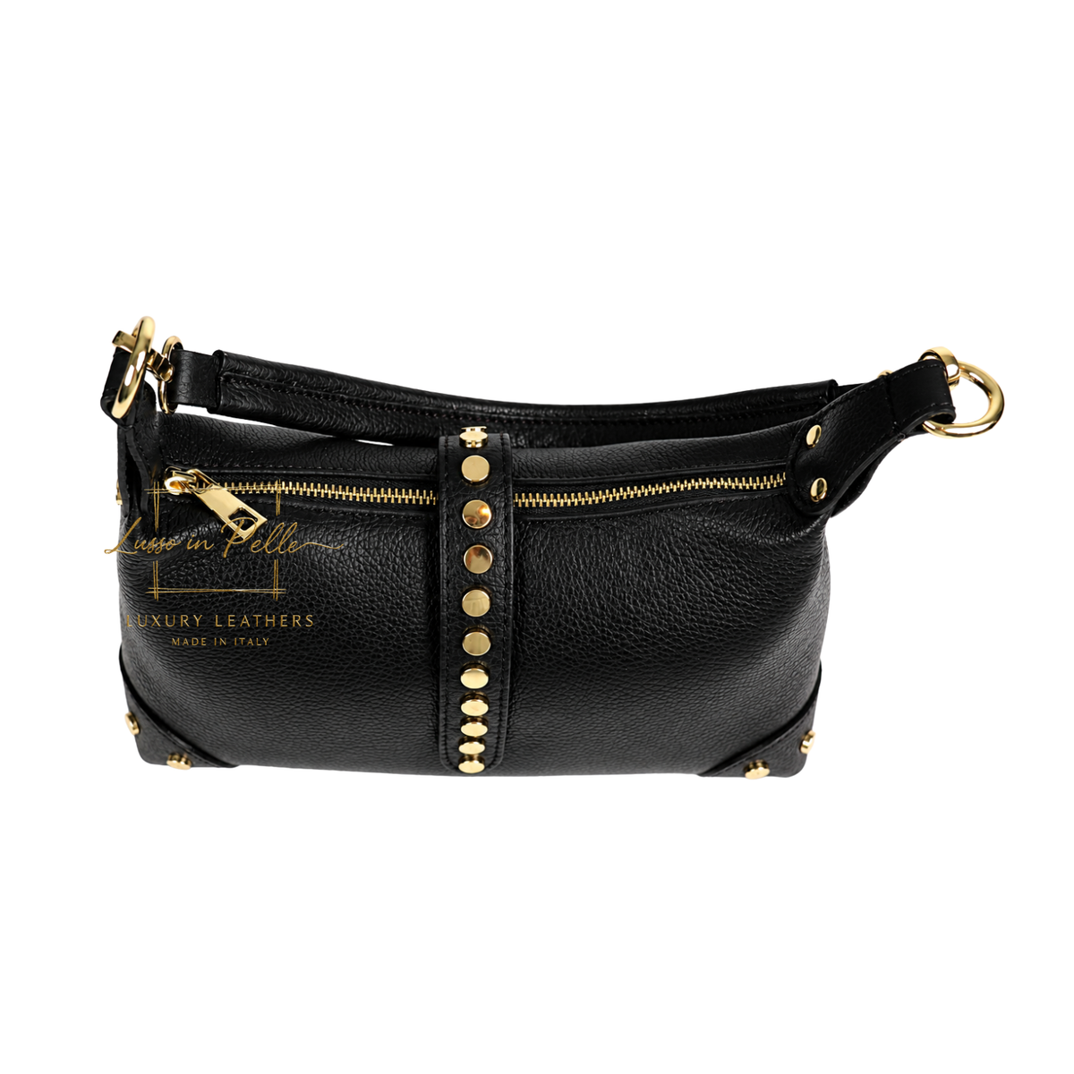 Genuine Leather Shoulder Bag with Stud Detail & Adjustable Detachable Strap