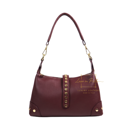 Genuine Leather Shoulder Bag with Stud Detail & Adjustable Detachable Strap