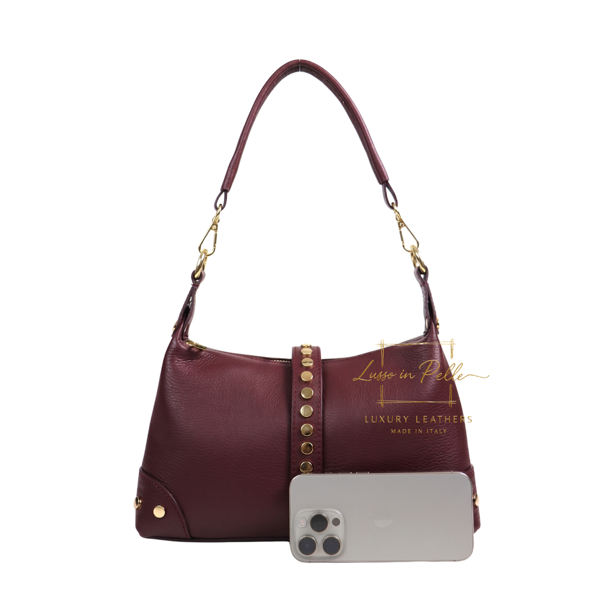 Genuine Leather Shoulder Bag with Stud Detail & Adjustable Detachable Strap