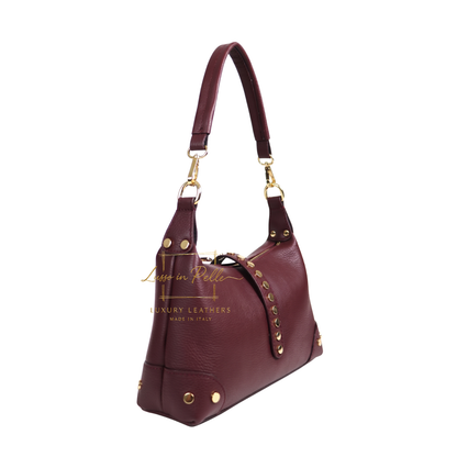 Genuine Leather Shoulder Bag with Stud Detail & Adjustable Detachable Strap