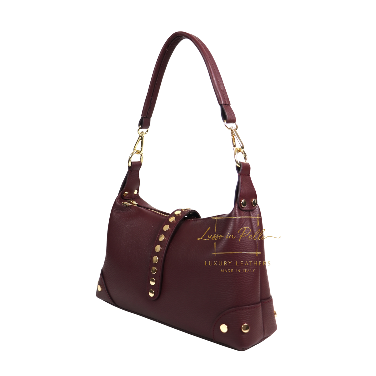 Genuine Leather Shoulder Bag with Stud Detail & Adjustable Detachable Strap