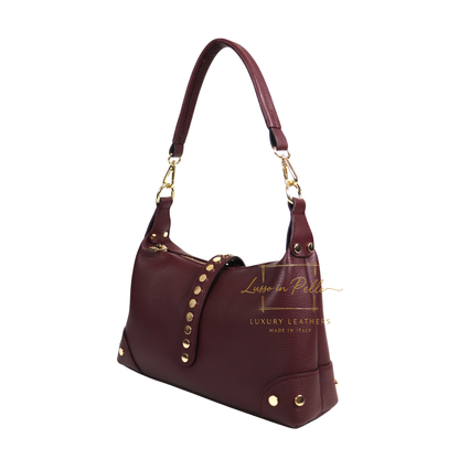 Genuine Leather Shoulder Bag with Stud Detail & Adjustable Detachable Strap