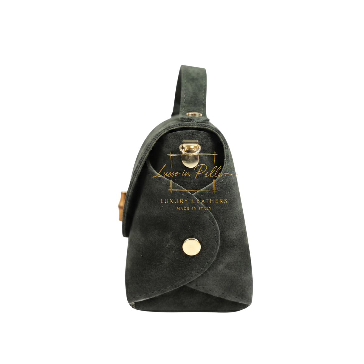 Genuine Suede Mini Top Handle Bag with Bamboo Twist Lock & Chain Strap