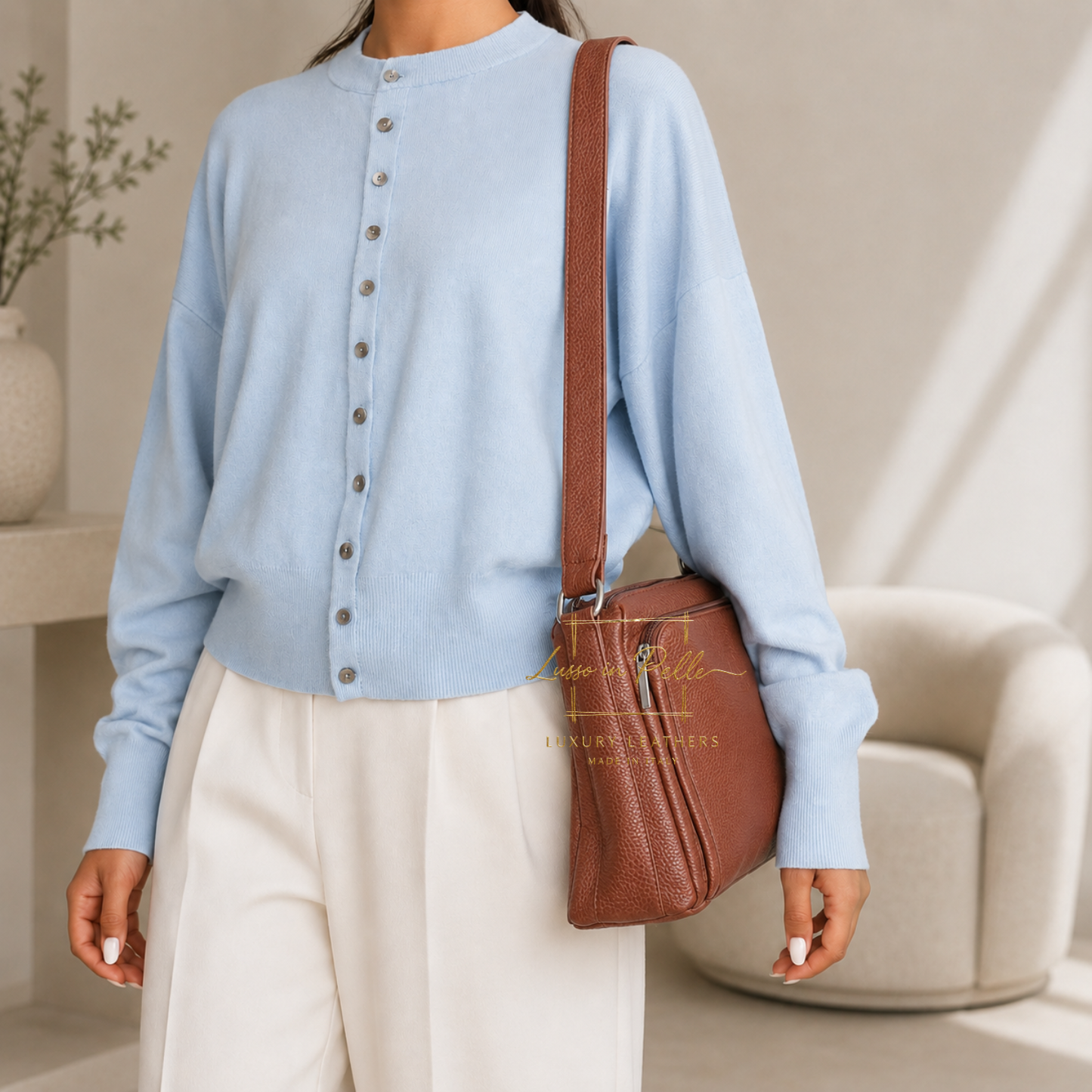 Italian Genuine Leather Multi Compartment Crossbody Bag with Front Zip Pocket