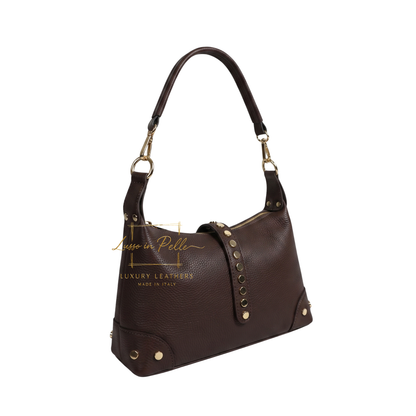 Genuine Leather Shoulder Bag with Stud Detail & Adjustable Detachable Strap