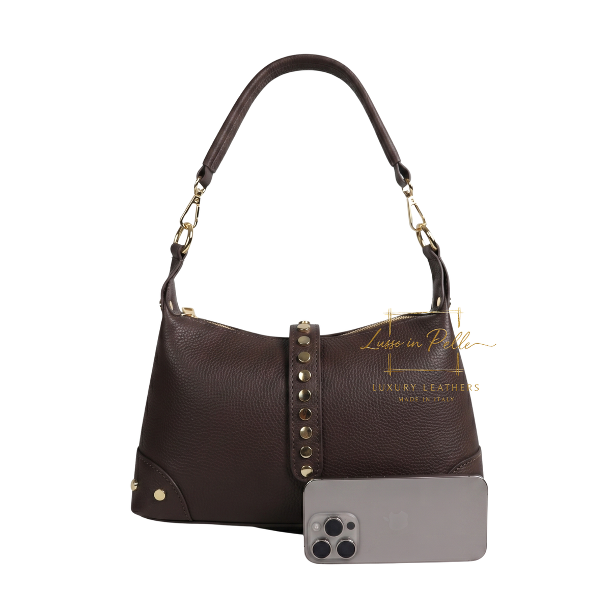 Genuine Leather Shoulder Bag with Stud Detail & Adjustable Detachable Strap