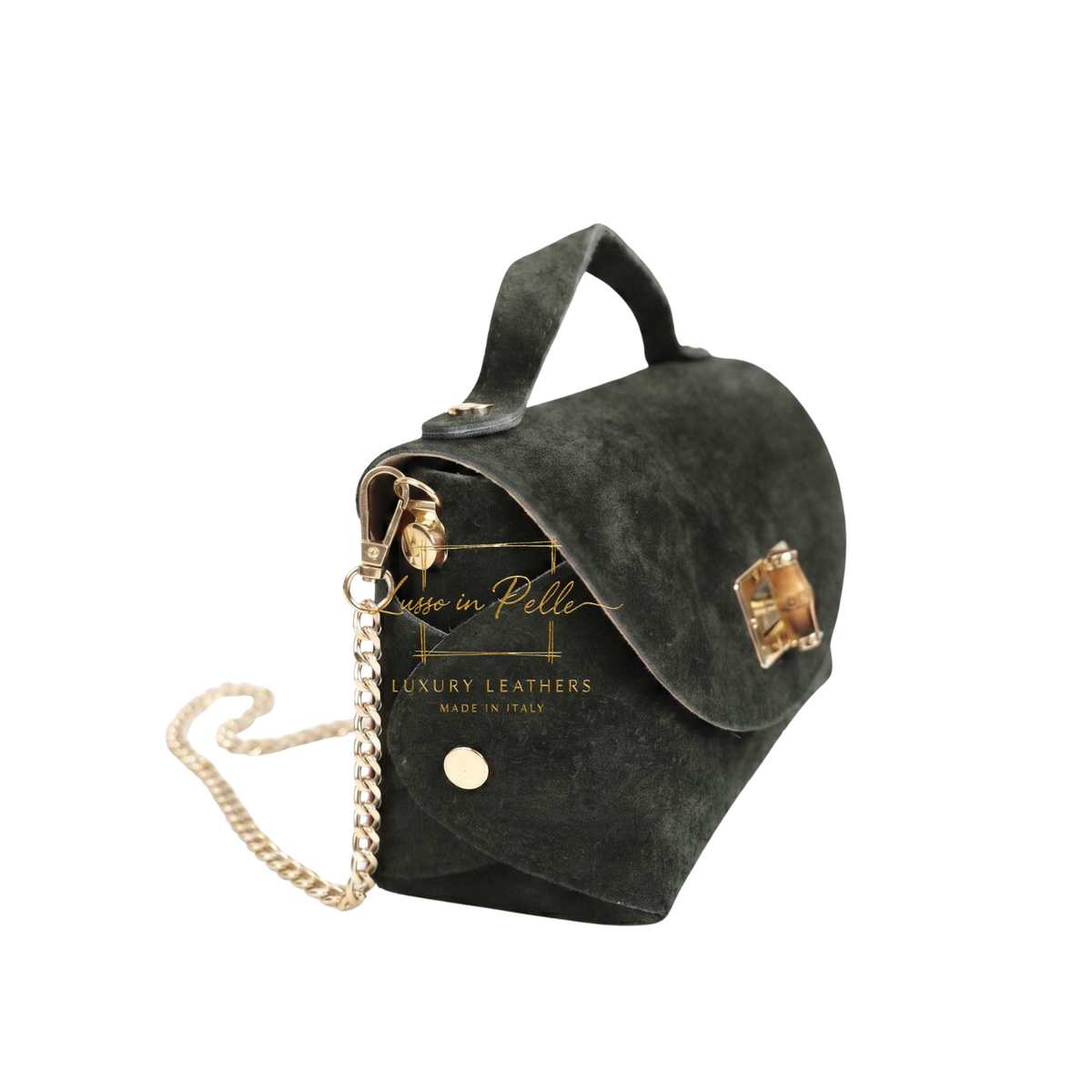 Genuine Suede Mini Top Handle Bag with Bamboo Twist Lock & Chain Strap