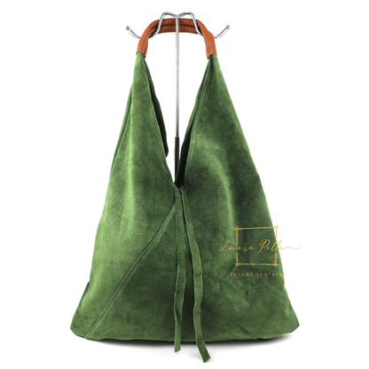 Milano Italian Suede Slouch Hobo Bag with Tan Leather Handle