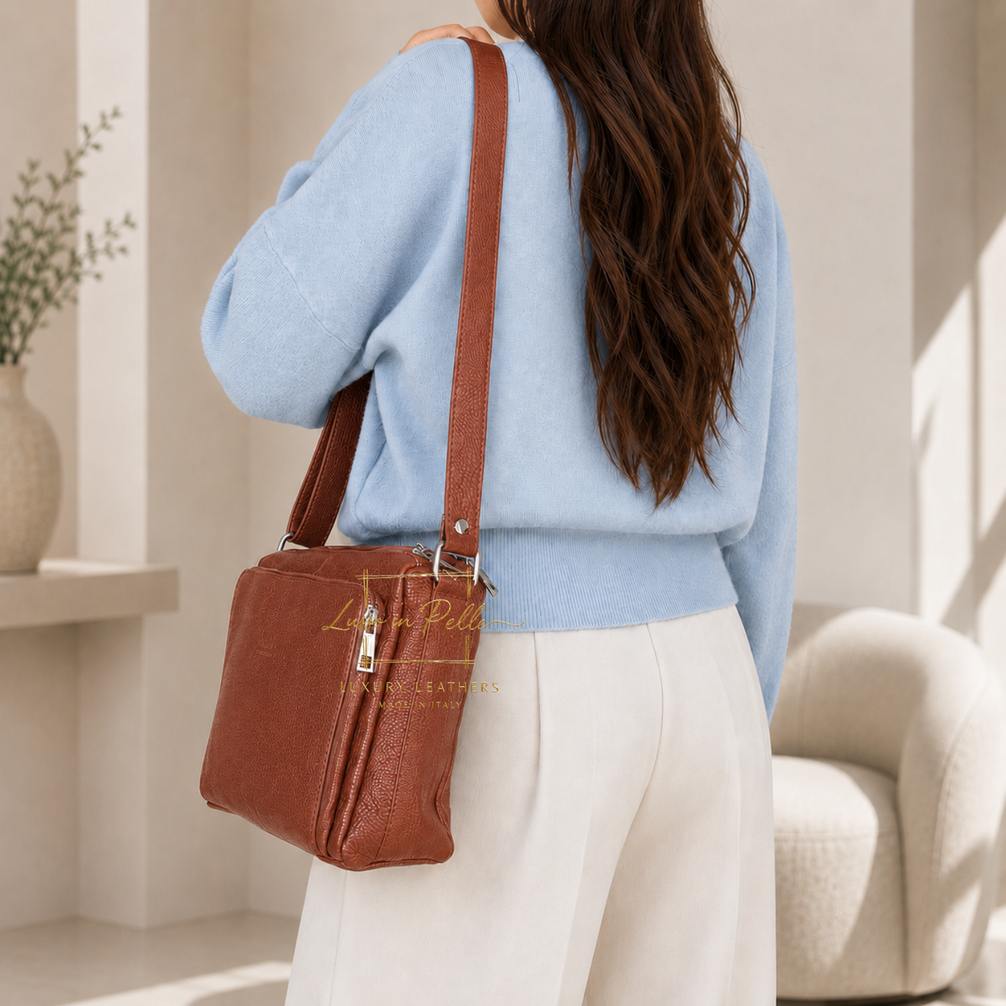 Italian Genuine Leather Multi Compartment Crossbody Bag with Front Zip Pocket