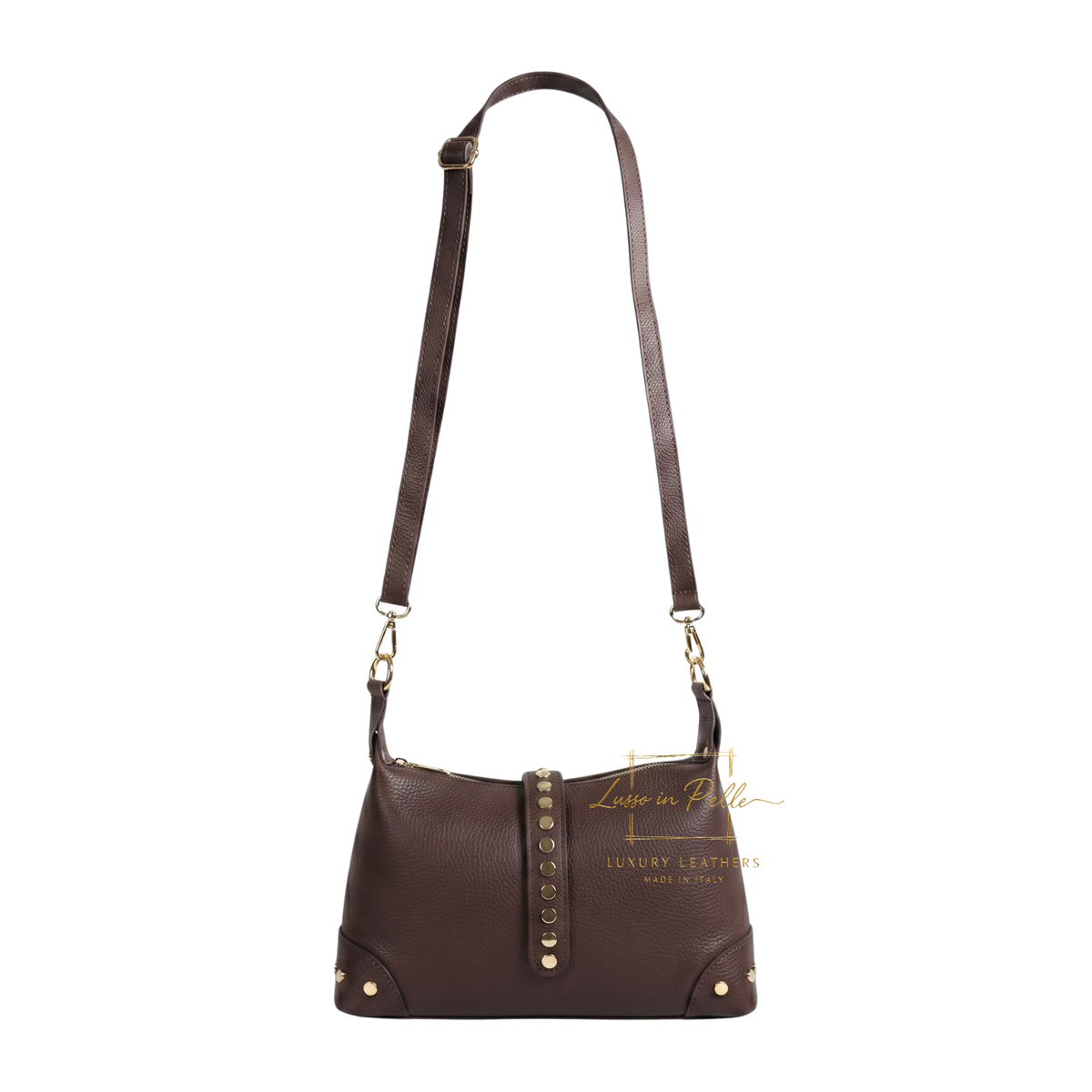 Genuine Leather Shoulder Bag with Stud Detail & Adjustable Detachable Strap