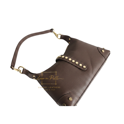 Genuine Leather Shoulder Bag with Stud Detail & Adjustable Detachable Strap