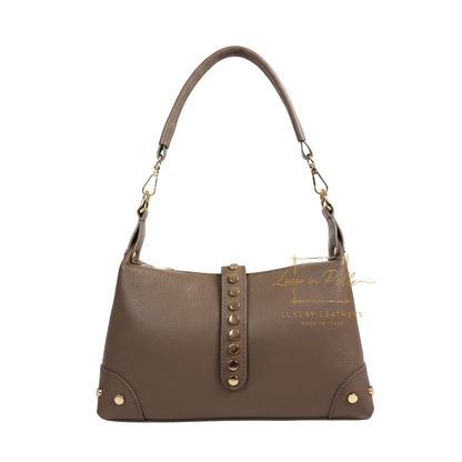 Genuine Leather Shoulder Bag with Stud Detail & Adjustable Detachable Strap