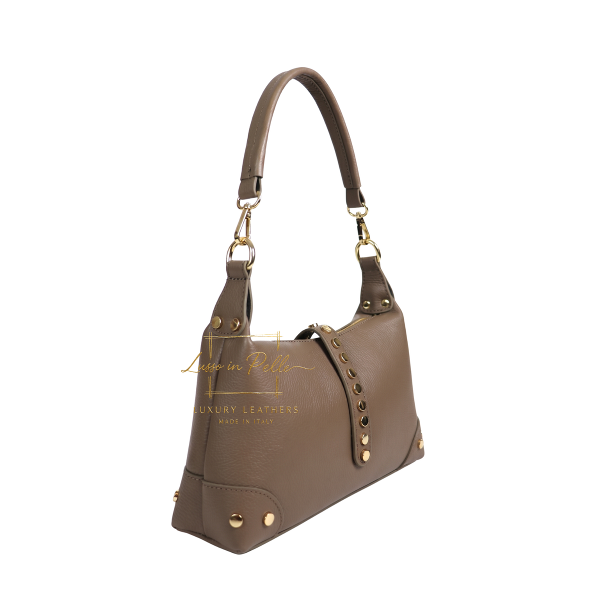Genuine Leather Shoulder Bag with Stud Detail & Adjustable Detachable Strap