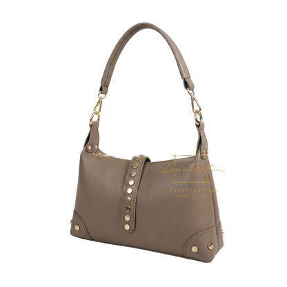 Genuine Leather Shoulder Bag with Stud Detail & Adjustable Detachable Strap
