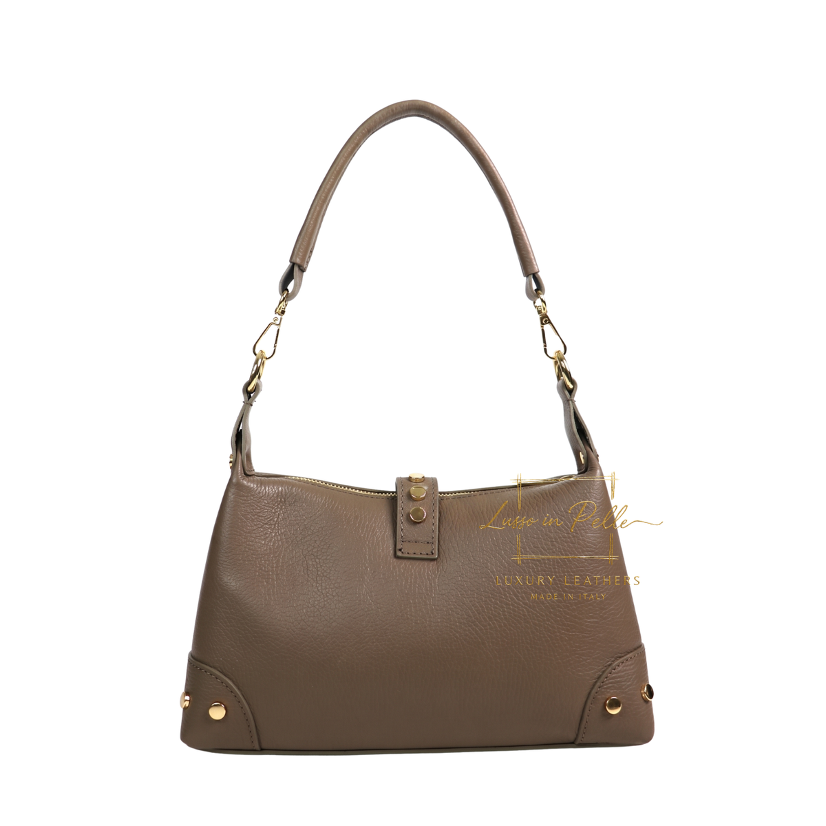 Genuine Leather Shoulder Bag with Stud Detail & Adjustable Detachable Strap