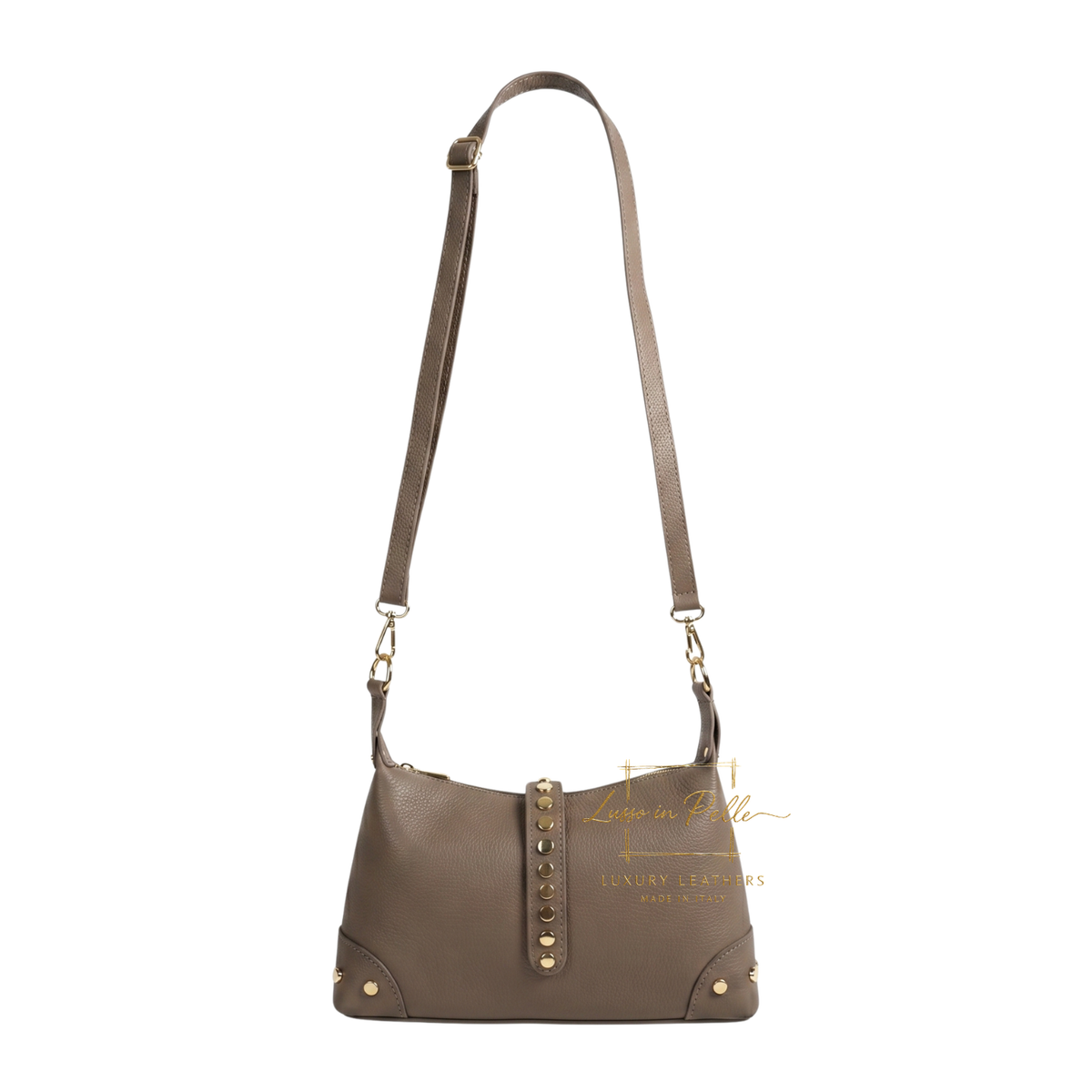 Genuine Leather Shoulder Bag with Stud Detail & Adjustable Detachable Strap