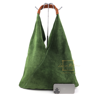 Milano Italian Suede Slouch Hobo Bag with Tan Leather Handle