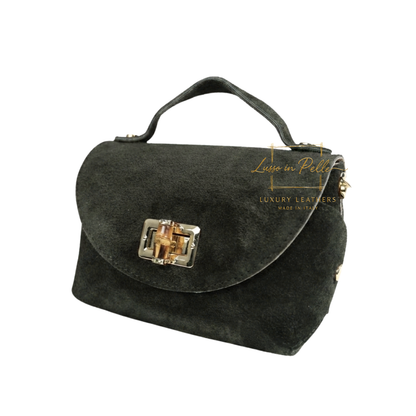 Genuine Suede Mini Top Handle Bag with Bamboo Twist Lock & Chain Strap