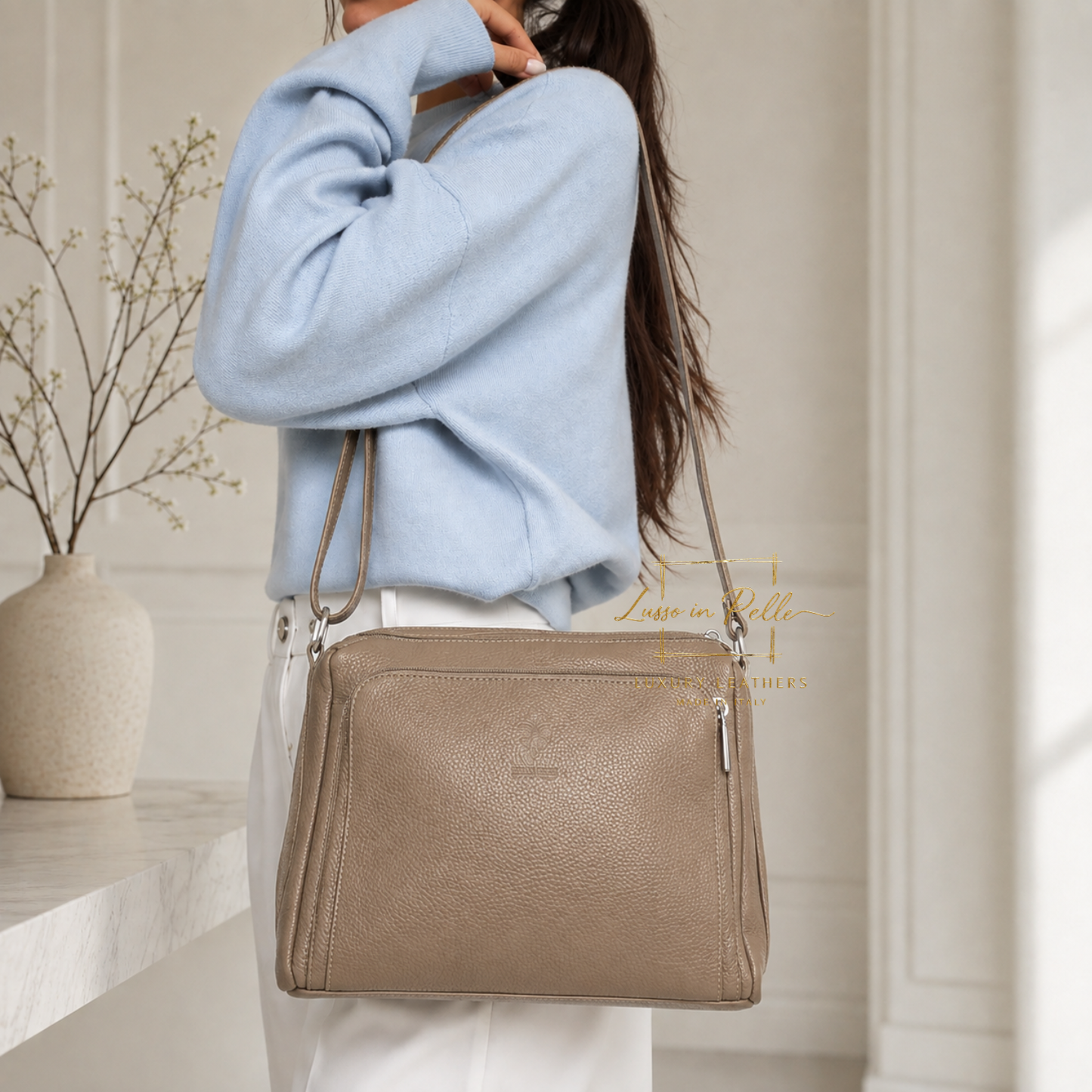 Italian Genuine Leather Multi Compartment Crossbody Bag with Front Zip Pocket