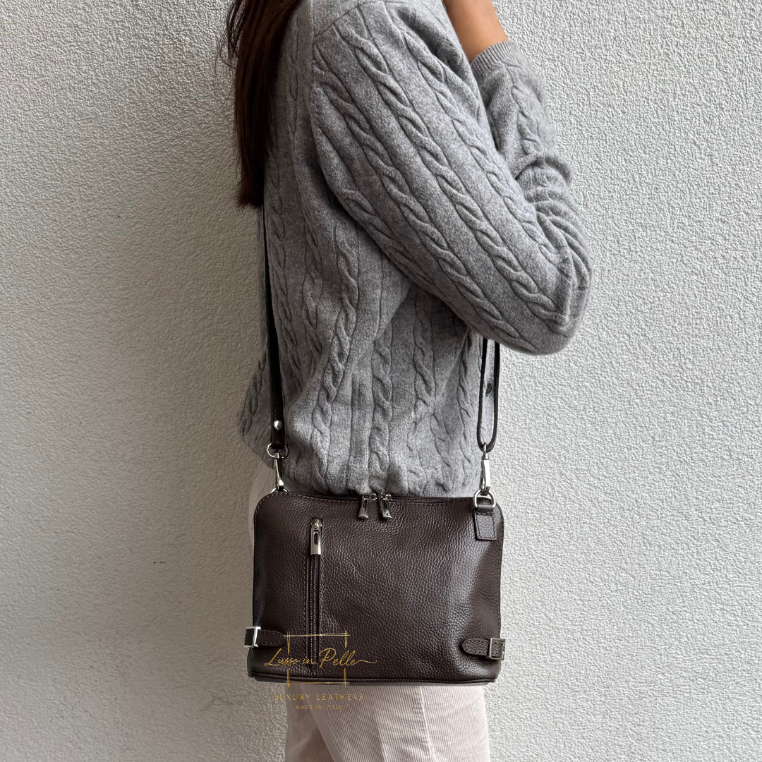 Rectangular Structured Italian Grain Leather Crossbody Bag with Adjustable Straps