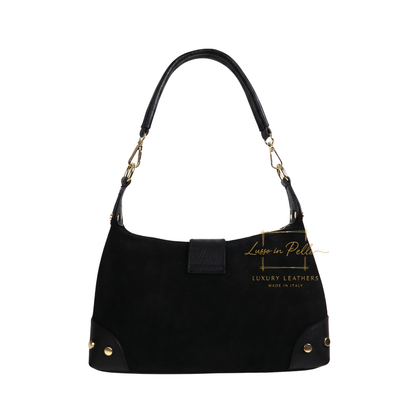 Genuine Suede & Leather Shoulder Bag with Buckle Detail