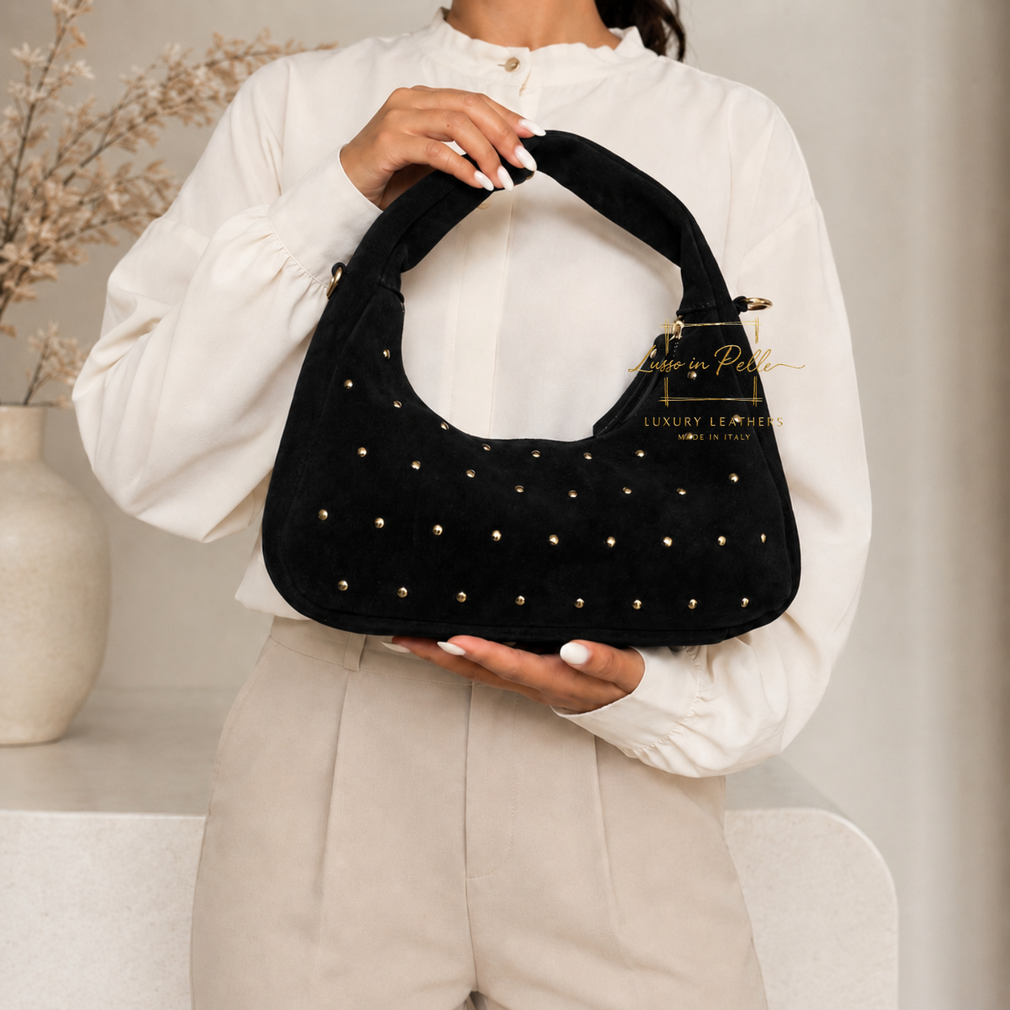Soft Genuine Suede Shoulder Bag with Gold Stud Detail