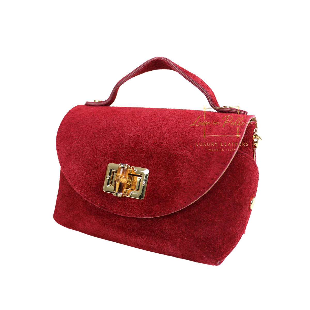 Genuine Suede Mini Top Handle Bag with Bamboo Twist Lock & Chain Strap
