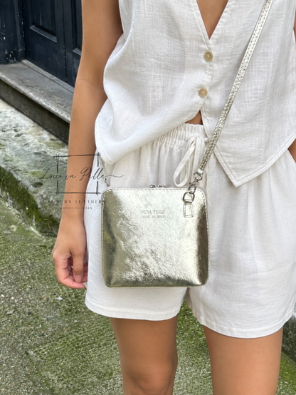 Ella Small Metallic Genuine Italian Leather Handbag with Detachable Straps
