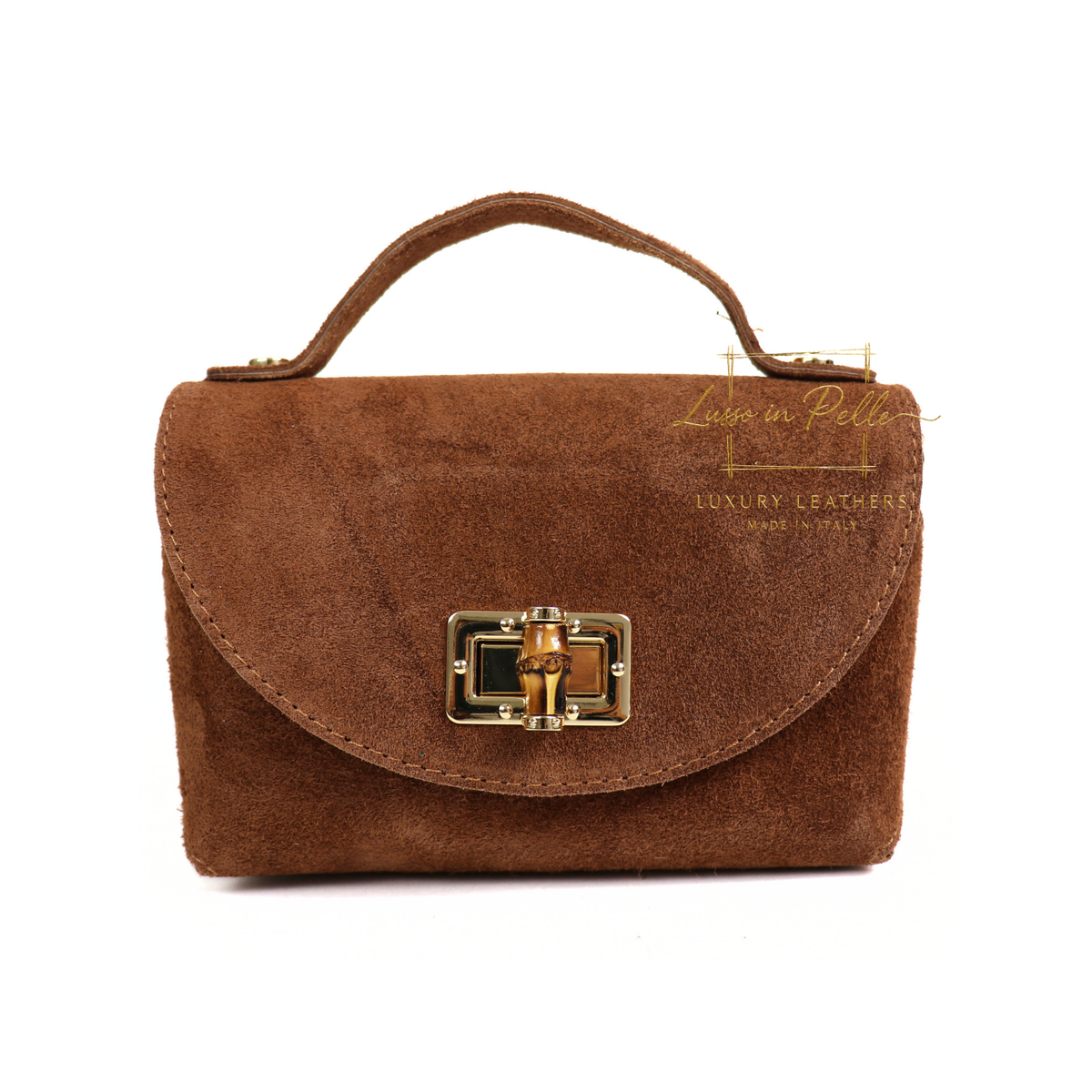 Genuine Suede Mini Top Handle Bag with Bamboo Twist Lock & Chain Strap