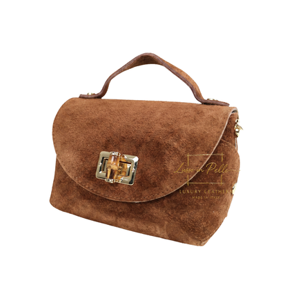 Genuine Suede Mini Top Handle Bag with Bamboo Twist Lock & Chain Strap