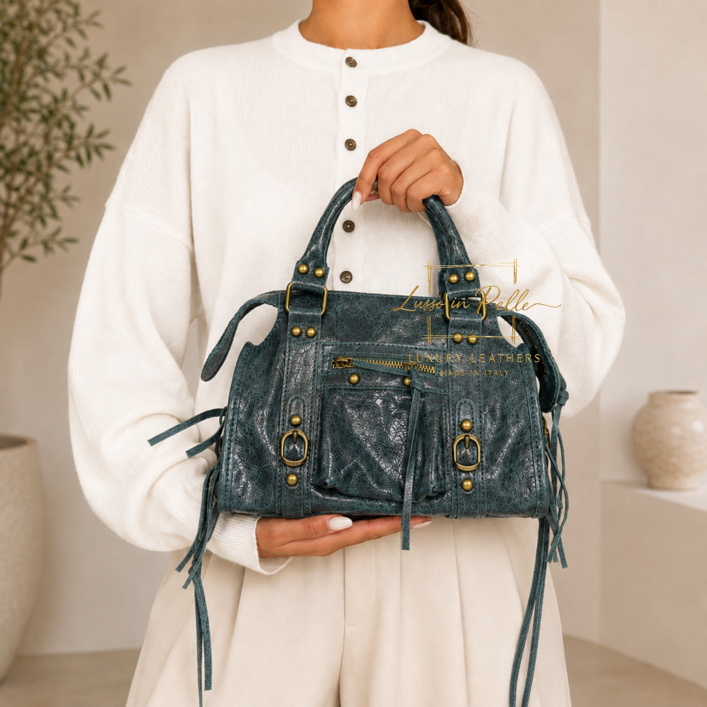 Genuine Leather Handbag with Front Zip Pocket & Stud Detail