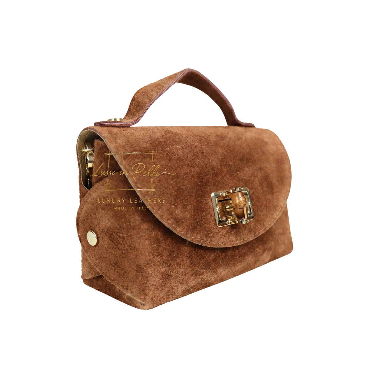 Genuine Suede Mini Top Handle Bag with Bamboo Twist Lock & Chain Strap