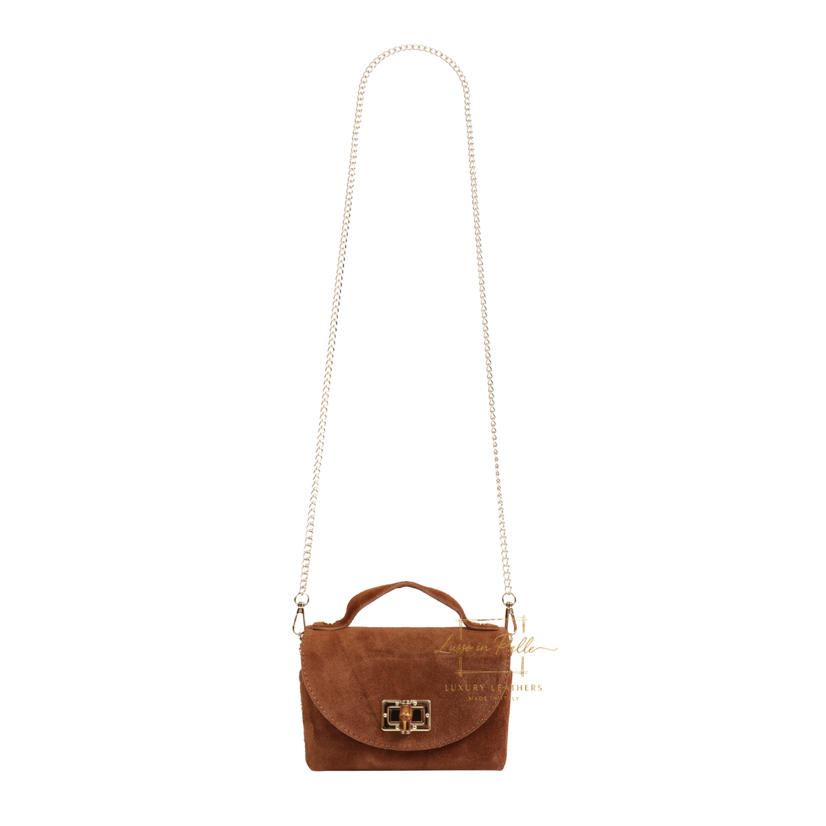 Genuine Suede Mini Top Handle Bag with Bamboo Twist Lock & Chain Strap