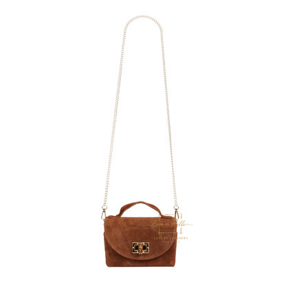 Genuine Suede Mini Top Handle Bag with Bamboo Twist Lock & Chain Strap