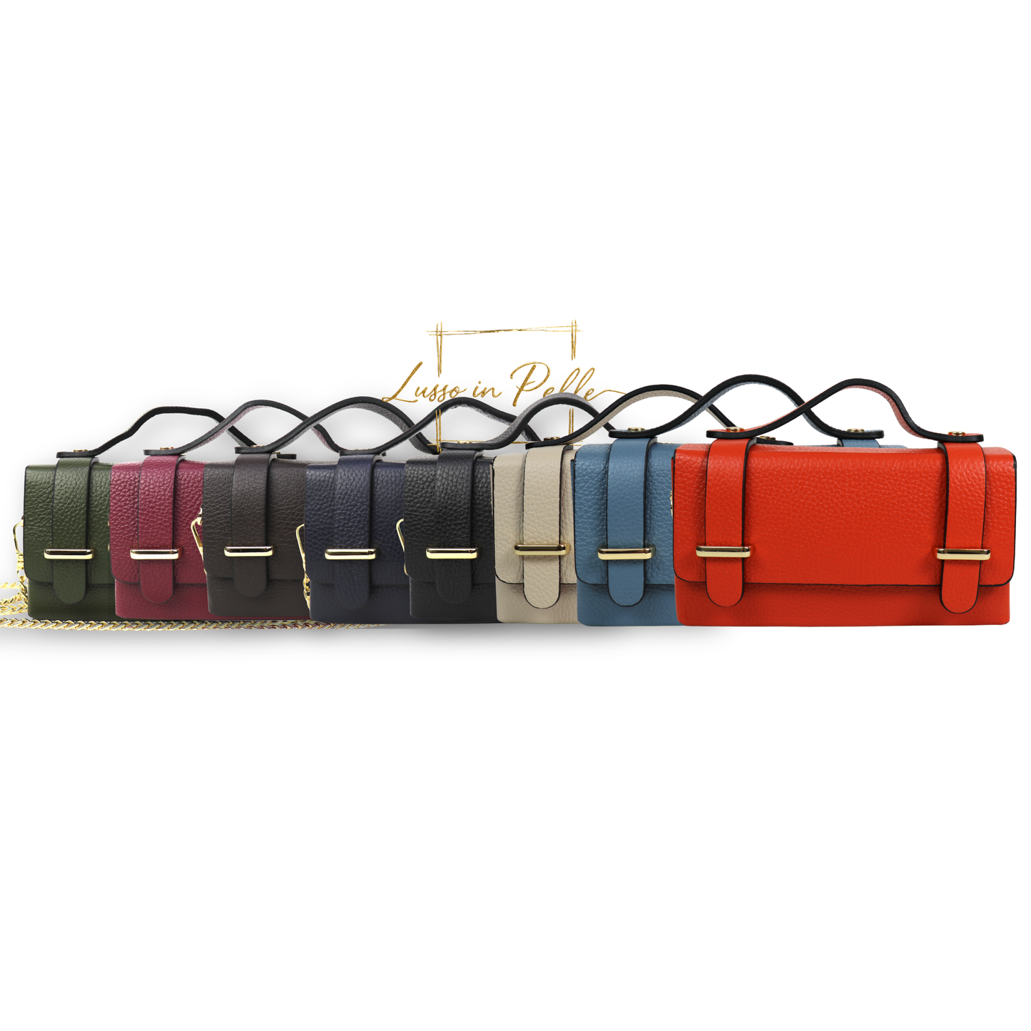 Small Genuine Leather Satchel Bag with Top Handle and Chain Straps