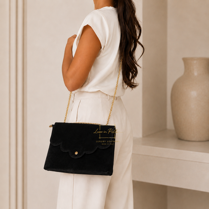 Italian Genuine Leather Scalloped Flap Chain Shoulder Bag