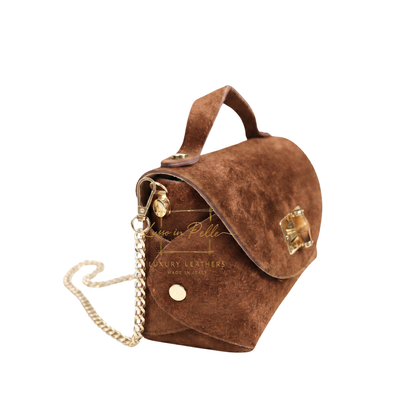 Genuine Suede Mini Top Handle Bag with Bamboo Twist Lock & Chain Strap