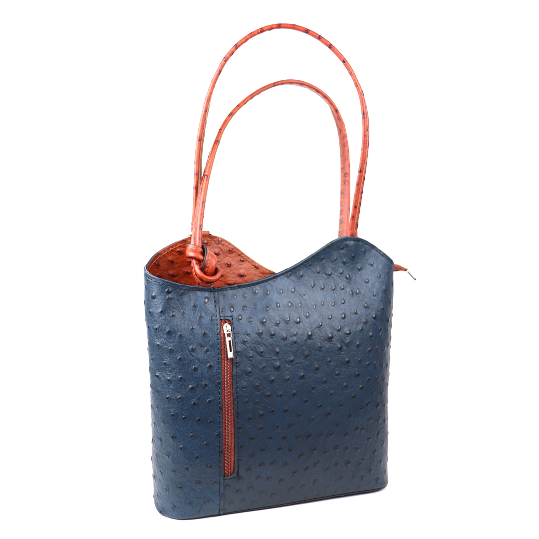 Ostrich Style Genuine Italian Leather Convertible Handbag and Backpack - Lussoinpelle Navy/Tan Shoulder Bag